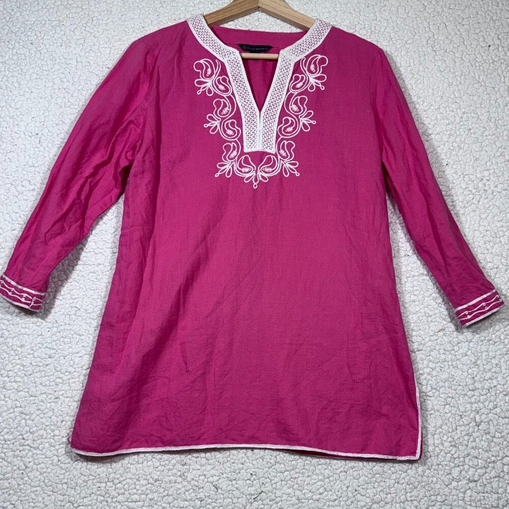 Brooks Brothers Womens Pink Embroidered Tunic Top sz M Bohemian Casual Linen